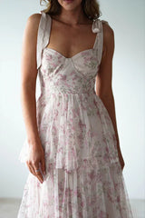 Tie Up Floral Print Tiered Maxi Dress